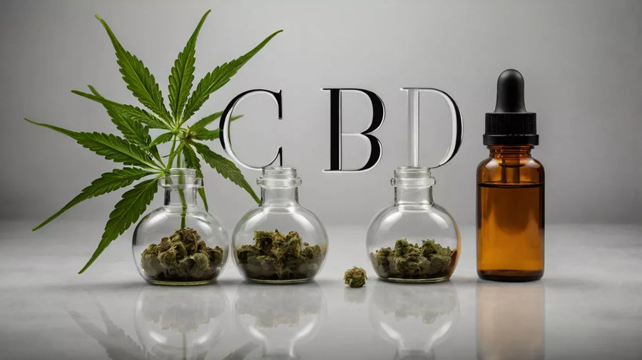 Frasco cuentagotas de aceite CBD junto a flores de cáñamo en tarros de cristal